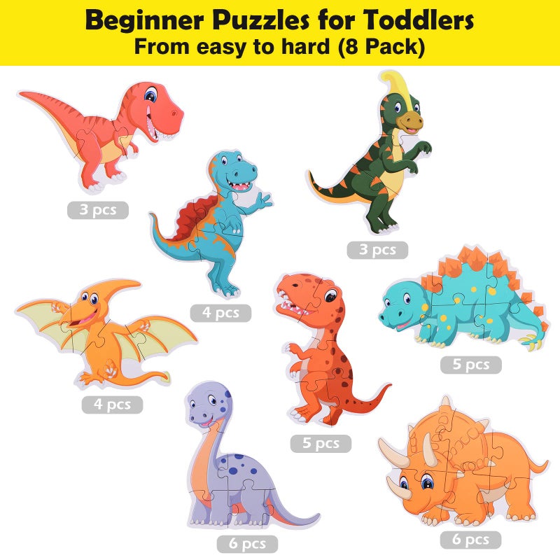 BEESTECH Beginner Dinosaur Puzzles for 2, 3, 4 Year Old Toddlers, 8 Pack Jigsaw Educational Learning Puzzles for Toddlers, 8 Different Dinosaurs with Dinosaur World Map - Image 3